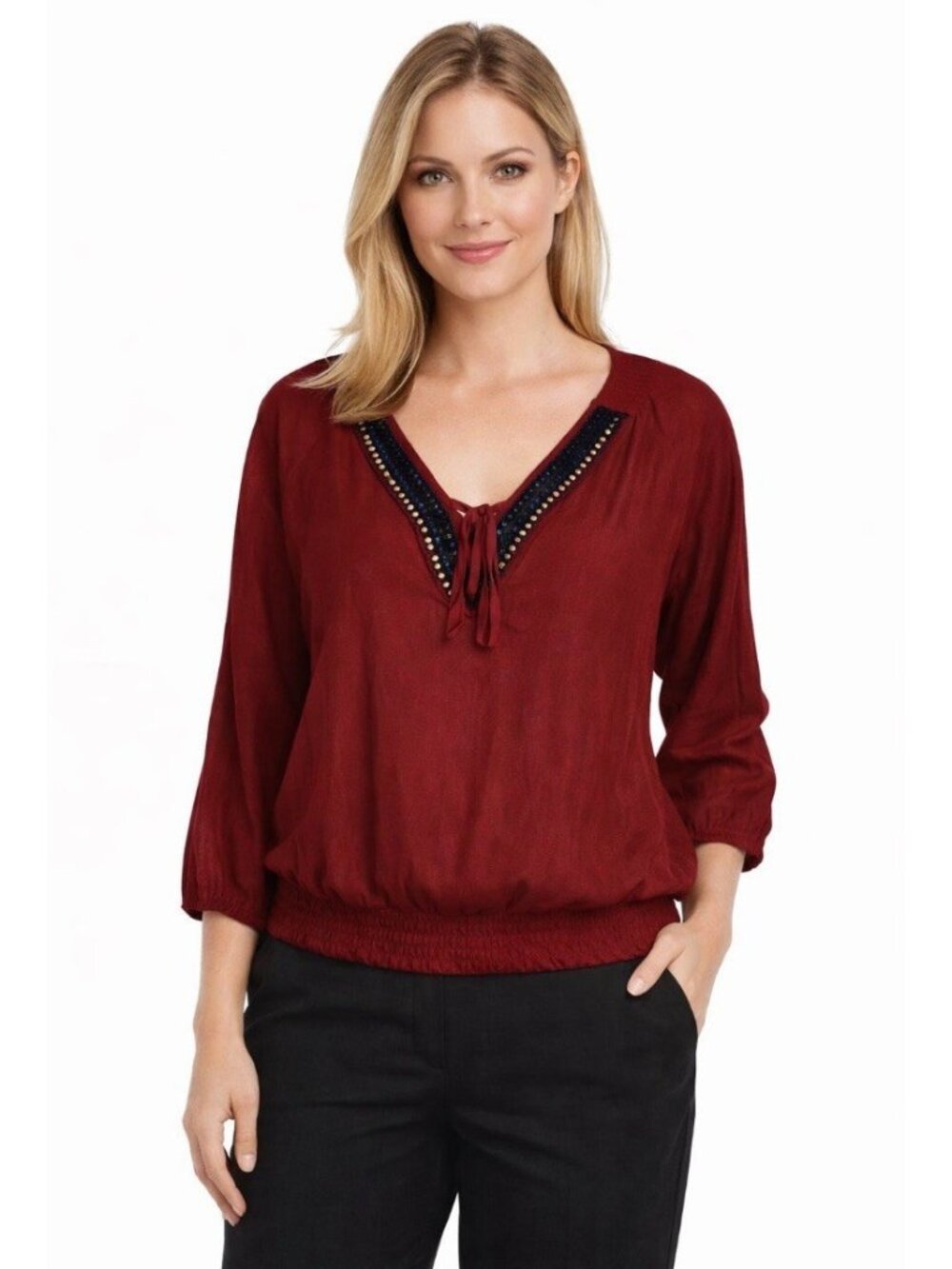 Zac & Rachel  Blouse Top Boho Peasant Pink 3/4 Sleeves V-neck with Beads XL